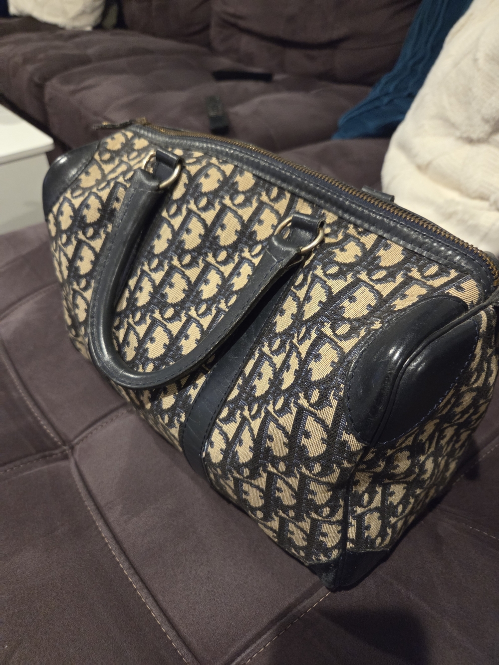 Designer-Style Navy and Beige Monogram Satchel
